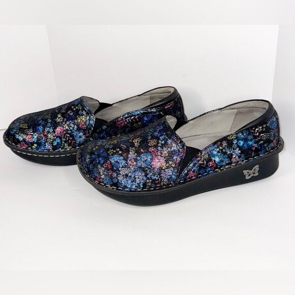 Alegria Shoes Leather SlipOn Loafer Debra Metallic Floral Comfort Nurse 38/8-8.5 - Picture 1 of 16